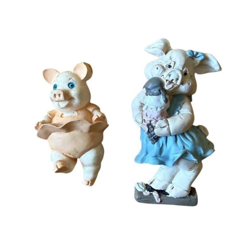 Vintage Enesco Pig Figurines Lot of 2 Magnet Back Pig Girl & Piglet farmhouse 92